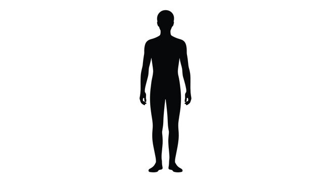 Full body silhouette of a standing man in a neutral pose, isolated on a white background, black of a male person for anatomical reference use