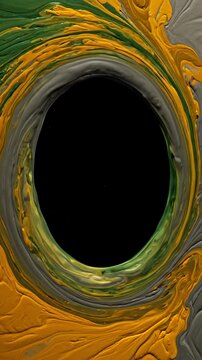 Abstract Liquid Paint Swirls in Green Yellow and Grey Creating a Dynamic Circular Frame