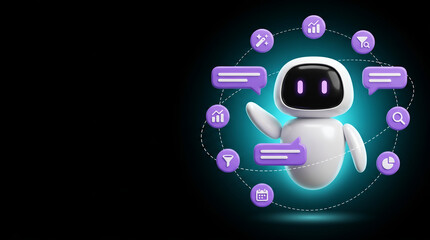 Fototapeta premium Cute white AI robot with chat bubbles and data icons surrounding it on a black background representing artificial intelligence and customer service