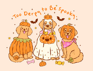 Naklejka premium Cute Spooky Halloween Golden Retriever Dogs Autumn Derpy Cartoon Character Set, Hand Drawn Playful Happy Puppies