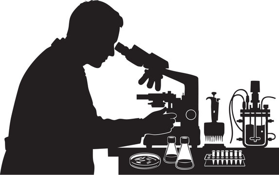 Adobe Illustrator Artwork of Silhouette of a scientist looking through an optical laboratory microscope, biotechnology research art. 