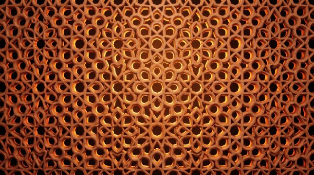 Terracotta jali screen with intricate geometric floral lattice pattern and warm backlit shadows, architectural decorative wall panel