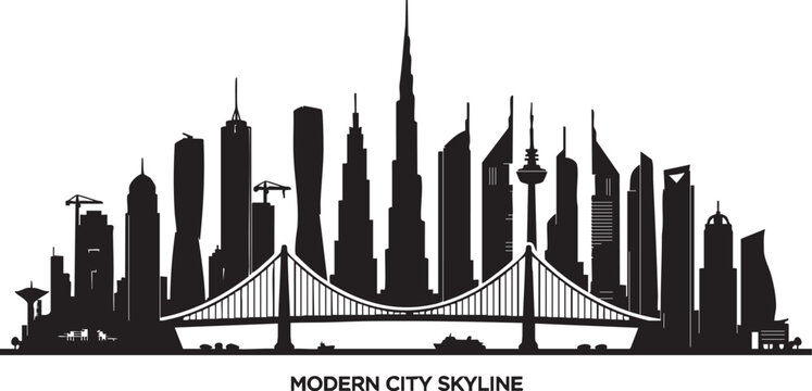 Adobe Illustrator Artwork of Modern city skyline silhouette featuring iconic skyscrapers and suspension bridge, black on solid white background, ultra-sharp vector outline.