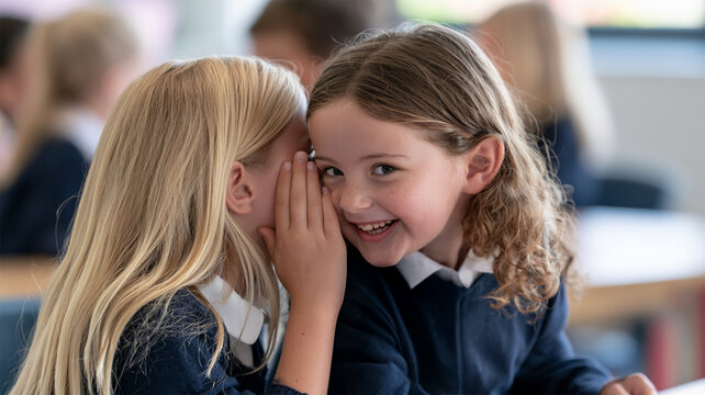 Two young schoolgirls sharing a secret in the classroom, one whispering into her surprised friend's ear, playful childhood communication and friendship concept