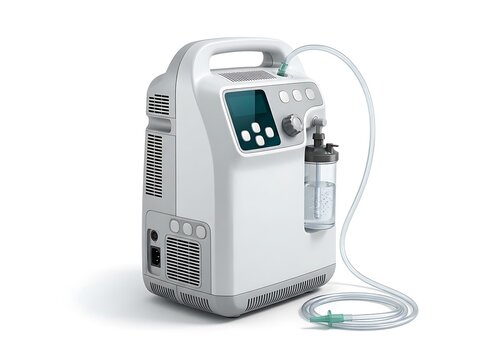 Medical oxygen concentrator machine with humidifier and nasal cannula isolated on a white background