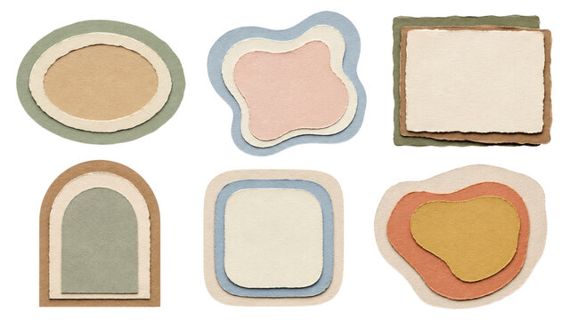 Six layered torn paper frames and labels in pastel earth tones featuring ovals, arches, rounded squares, rectangles and organic blobs with textured deckled edges for stationery, scrapbooking 