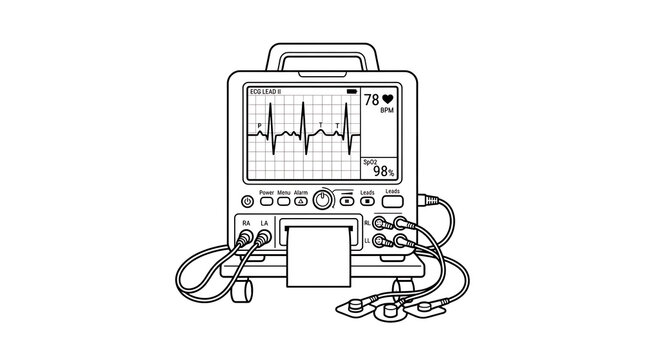 Black and white line drawing of portable electrocardiogram machine with wires