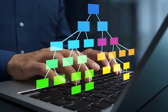 Data structure and tree diagram. Programmer using laptop computer to develop software.