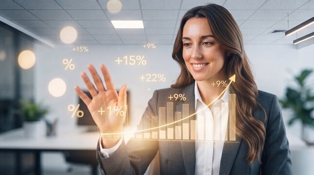 Businesswoman interacting with a holographic financial growth chart in a modern office