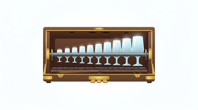 Open glass harmonica instrument case with spinning crystal bowls