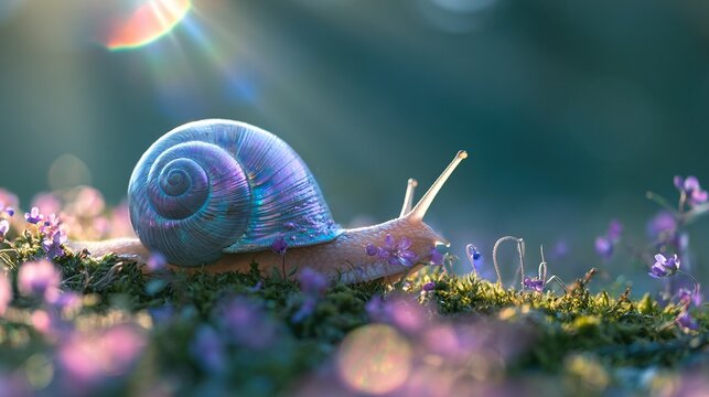 Whimsical snail with pearlescent shell moving across bed of moss and tiny purple flowers. sunbeams creating lens flare. high-quality watercolor