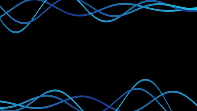 Glowing Blue Digital Audio Waveforms Border on Black Background.