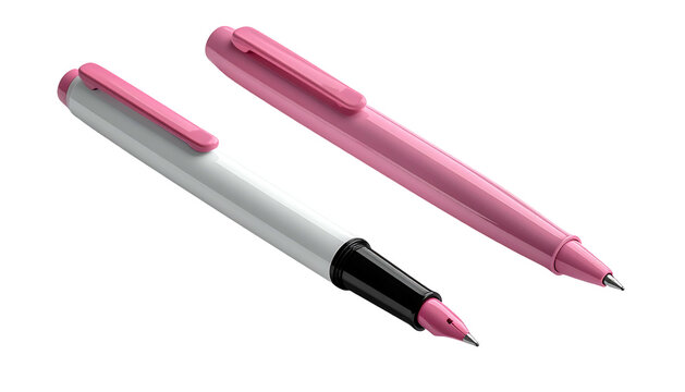 Two pens, one white and pink, the other all pink, laid on a black background. Both have the same design with caps
