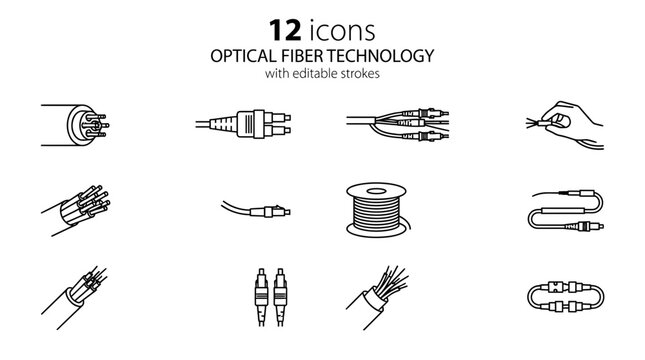 Optical Fiber Technology Line Icon Set Depicting Cables and Connections