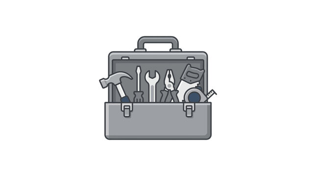 Open tool box with hammer wrench and screwdriver.