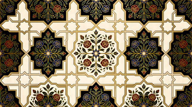 An intricate floral ornament featuring stylized roses and geometric lattice work creates a repeating pattern mughal garden design decorative
