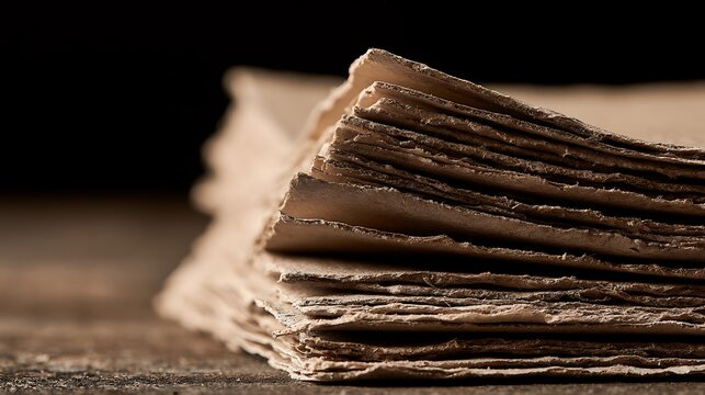 Close up of stack of antique vintage textured handmade paper with rough deckle edges on dark background.