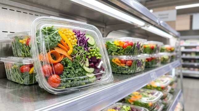 Fresh pre packaged salads filled with colorful vegetables and greens on a grocery store shelf