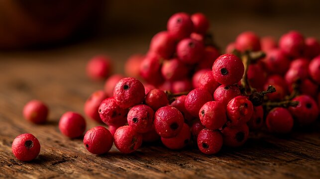 Close up shot of fresh ripe red rowan berries clustered on a rustic wooden table.