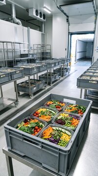 Prepared fresh salads in plastic containers stacked in a commercial kitchen cold storage