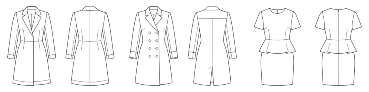 Bundle Set of Outerwear Dresses technical fashion illustration with blazer coat, trench style, and peplum detail. Flat apparel front and back view. Women formal CAD.