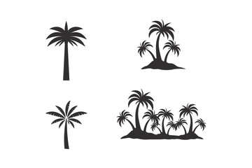 Naklejka premium Collection of black silhouette palm tree isolated on a white background, featuring various tropical tree shapes and island clusters