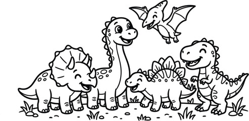Cute dinosaur coloring page collection featuring triceratops, brachiosaurus, stegosaurus, tyrannosaurus, and pterodactyl characters in simple outline style © MDSADEKUL
