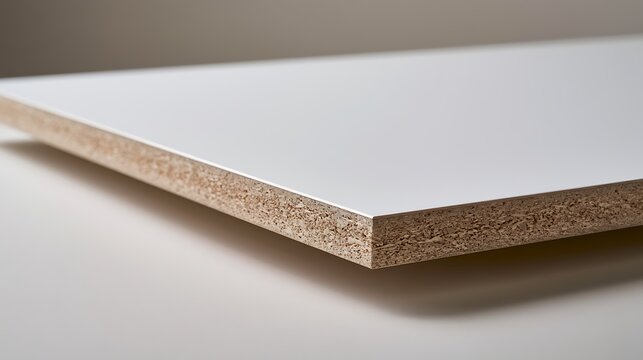 Close up view of white laminated chipboard panel showing cut edge and wooden particle texture.