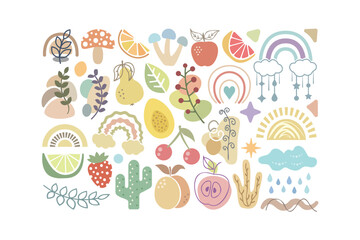 Fototapeta premium Collection of cute hand drawn botanical and food rainbows, mushrooms, fruits, and weather in pastel colors on white background