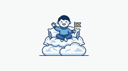 Fototapeta premium Vector illustration of a smiling boy sitting cross-legged on a pillow atop fluffy clouds. He wears a blue sweater, waves, and holds a small yellow flag with a heart. Flat outline style.