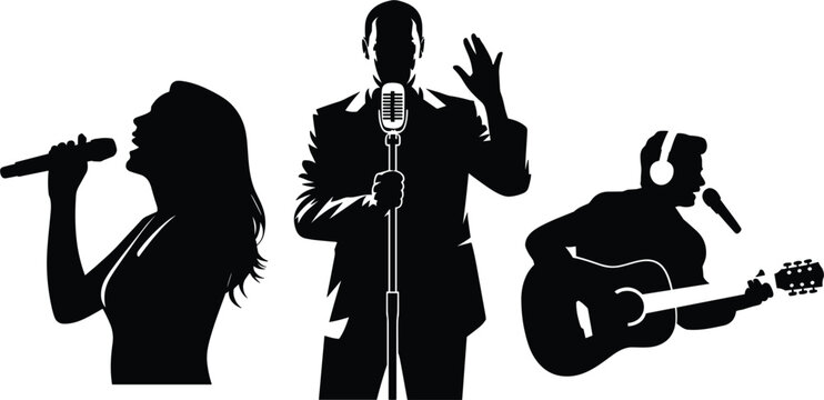 Singer silhouette set featuring a female vocalist with a microphone, a male crooner in a suit, and a guitarist wearing headphones for live music concert branding.