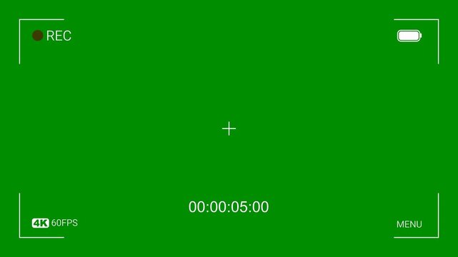 Camera viewfinder animation on green screen, recording overlay with rec, battery, timecode, crosshair frame, keying plates, motion graphic and stock video editing project assets.