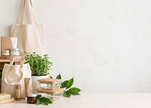 Eco Friendly Lifestyle Products with Plants and Reusable Bags for Sustainable Living Concept