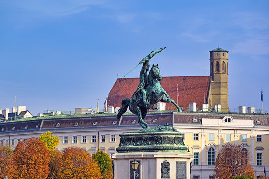 The equestrian statue of Archduke Charles on Heldenplatz with Minoritenkirche in the background, Vienna