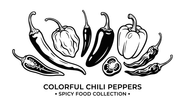 Very beautiful black and white realistic vector illustration of assorted chili peppers with varied shapes and botanical details, COLORFUL CHILI PEPPERS &bull; SPICY FOOD COLLECTION, isolated on white backg