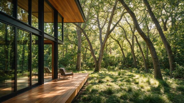 Modern concrete house tucked into a lush forested ravine with an infinity pool and rattan lounge chair in the foreground. Contemporary jungle architecture and secluded retreat