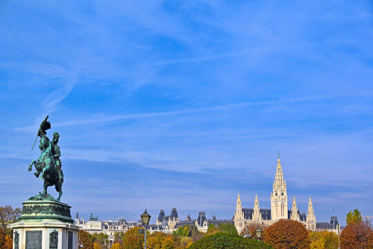The equestrian statue of Archduke Charles on Heldenplatz with Vienna City Hall in the background, Vienna