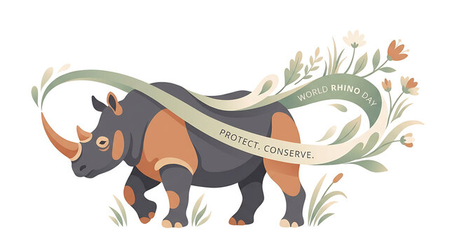 World Rhino Day Illustration with Rhinoceros and Flowers on Transparent Background Isolated on White