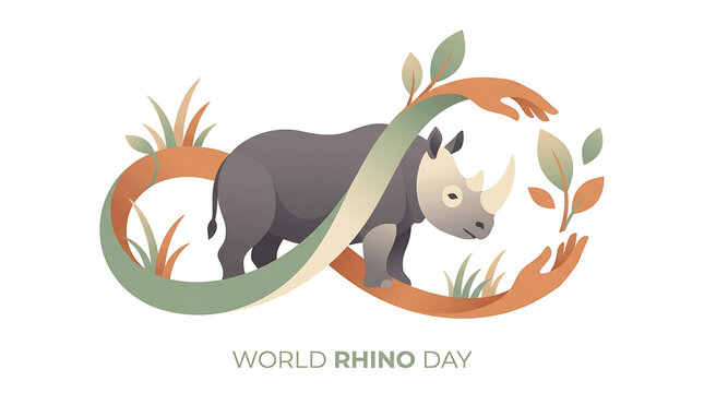 World Rhino Day Illustration featuring a Rhinoceros and Caring Hands on Transparent Background Isolated on White