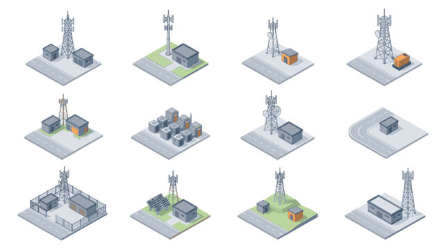 Isometric illustrations of communication towers and buildings.