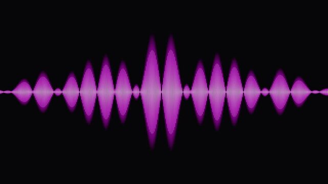 Glowing purple digital audio waveform pulse on black background 4K