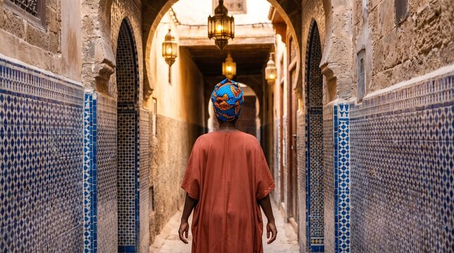 Black Woman Walking Moroccan Medina Mosaic Alley Copy Space
