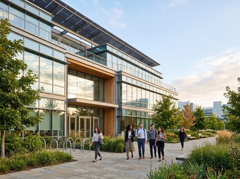 Modern office building with rooftop solar panels and glass facade with pedestrians walking for sustainable workplace and corporate campus background