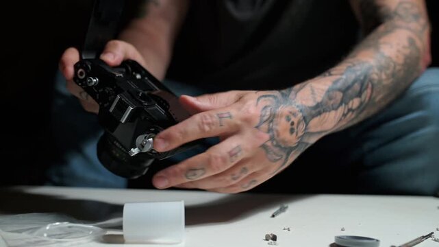 Close up of a man with tattooed arms loading a 35mm film roll into a vintage analog camera after repairing it on a white table