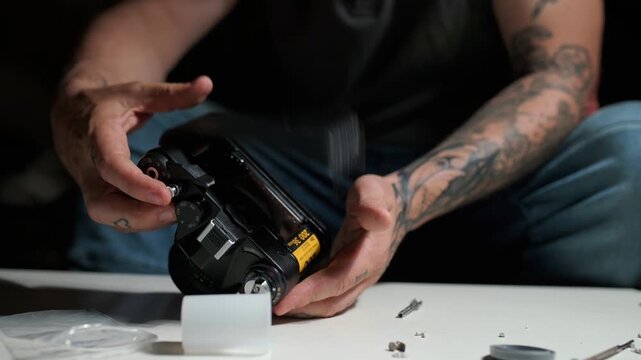 Hands of a tattooed man loading a 35mm film roll into an old analog camera. Professional photographer preparing vintage equipment for a photo shoot