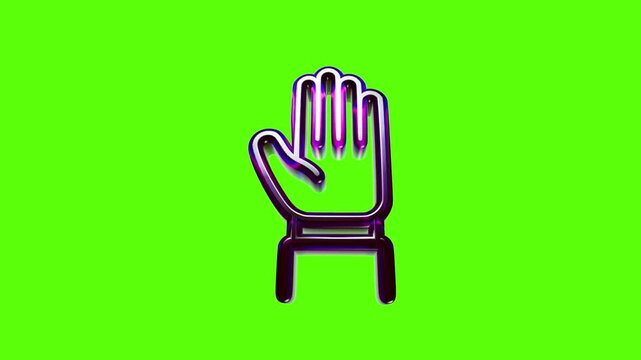 Shiny metallic hand icon with a stop gesture design isolated on a vibrant bright green background