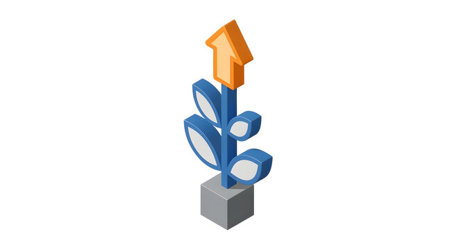 Isometric Blue Plant with Orange Upward Arrow on Gray Base Illustration
