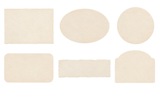 Six blank vintage beige paper labels and tags in assorted rectangular, oval, round and scalloped shapes on a transparent background