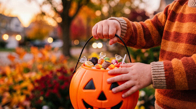 Child holding a pumpkin trick or treat bucket full of candy during autumn evening.