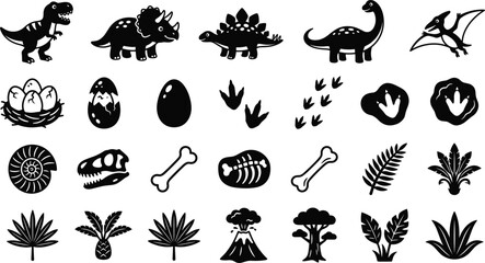 Dinosaur prehistoric silhouette icon collection featuring tyrannosaurus, triceratops, stegosaurus, fossils, eggs, bones, footprints, plants, and volcanoes © MDSADEKUL